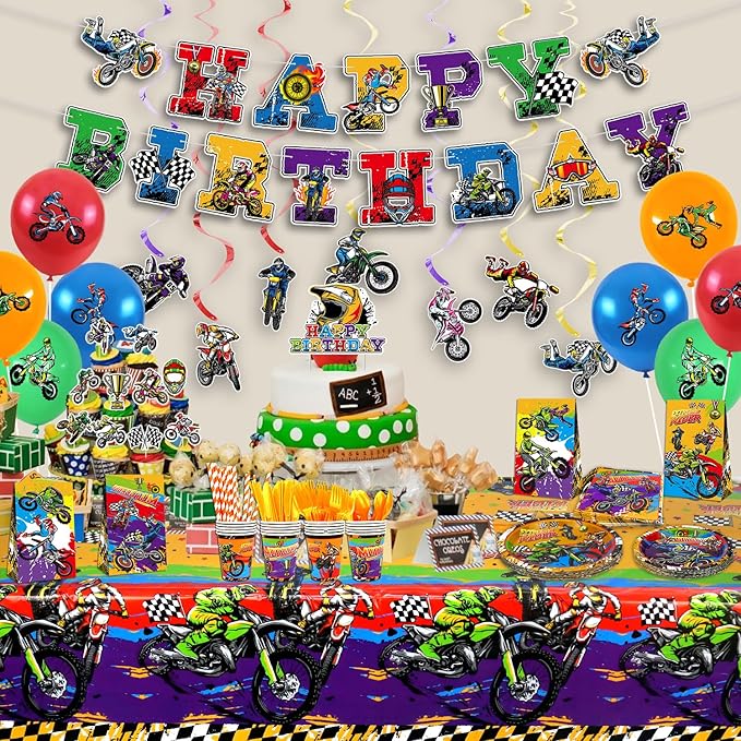 Dirt Bike Party Supplies, Includes Happy Birthday Banner, Plate, Napkin, Cups, Cake Toppers, Hanging Swirls, Tablecloth, for Kids Boys Girls Motorcycle Extreme Sports Birthday Decorations, Serve 20