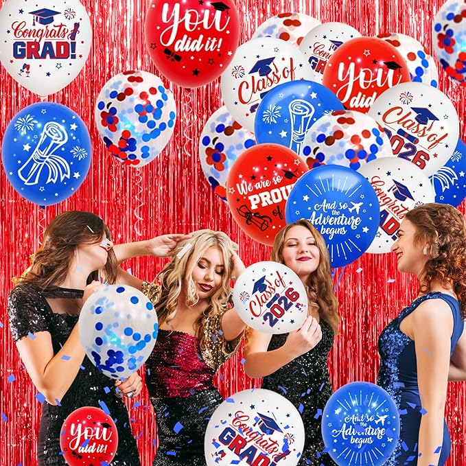 75Pcs Red and Blue Graduation Balloons Decorations Class of 2026 Graduation Party Supplies with Grad Balloon Ribbons for Grad Party Decoration