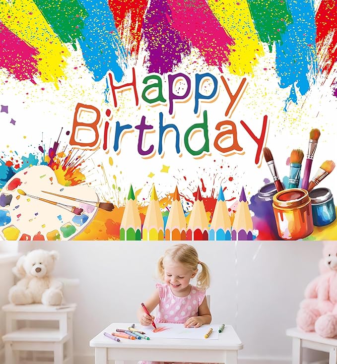Art Painting Birthday Party Backdrop Art Paint Happy Birthday Banner Graffiti Photography Background for Artist Theme Party Supplies 70.8 x 47.2 Inch