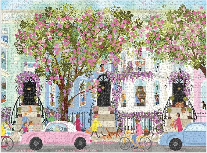 Galison Spring Terrace – 1000 Piece Joy Laforme Puzzle Featuring a Magnolia Filled Neighborhood Day On A Spring Day