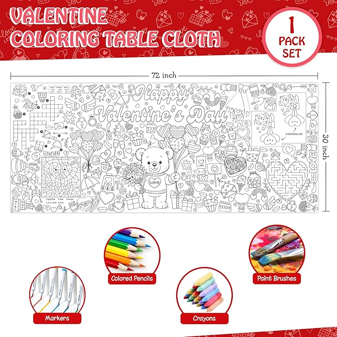 Valentine Coloring Tablecloth, Giant 30x72 Inch Poster with Bear, Hearts and Love Designs, Valentine’s Day Party Activities, Classroom Decorations, Party Supplies and Favors
