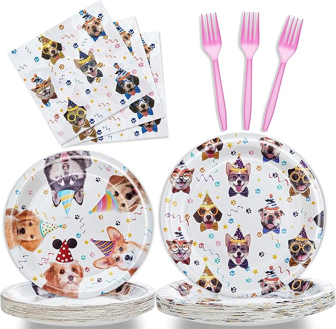 Fesciory 96 Pcs Dog Birthday Party Plates Napkins Forks Supplies Tableware Set Disposable Paper Dog Theme Decoration for Kids Birthday Party, Serves 24 Guests