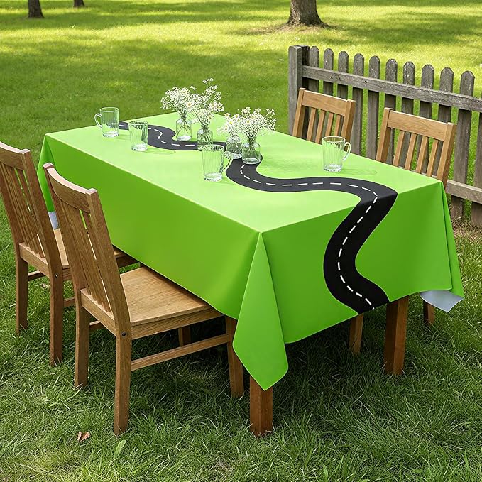 Irenare 3 Pcs Racing Table Cloths Car Birthday Party Supplies 54 x 108 Inch Racetrack Table Runner Covers Disposable Rectangular Road Tablecloth for Kids Boy Car Theme Party Decor (Green)