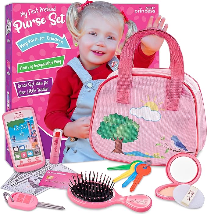 Toddler Play Purse for Kids with Accessories, Toys for Girls with Pretend Makeup, Keys, Smartphone, Dress Up Toy Purse for Toddlers and Kids - Birthday Gift for Little Toddler Girls Ages 3 4 5 6, Pink