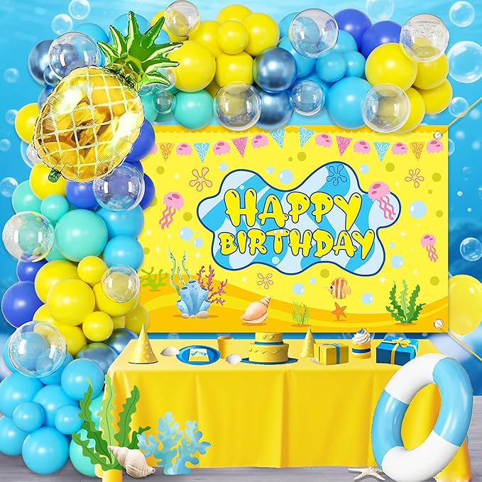 Cartoon Sponge Balloon Arch Kit-Blue Green Yellow Balloons Birthday Decorations For Boys girl,Party Decor Supplies Girls Including Happy Birthday Backdrop
