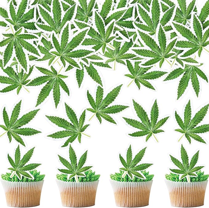 Ercadio 40 Pcs Edible Green Marijuana Cupcake Toppers Have a Dope Birthday Cake Topper Cake Drink Topper Decorations for Men Women Marijuana Them Party Supplies