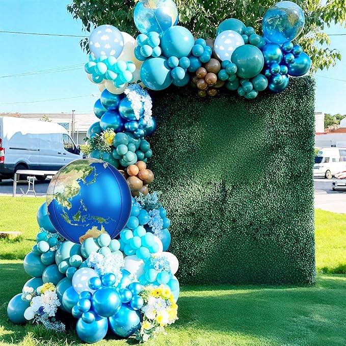 Earth Balloons, 12 Inch Dusty Blue Coffee Cloud Print Balloon with Earth Globe Foil Balloons for Boys Travel Theme Space Theme Party Earth Day Retirement Party Decorations