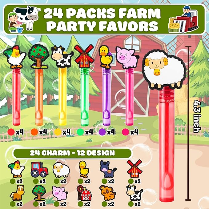 Farm Party Favors for Kids – 24PCS Barn-Themed Bubble Wands, Great for Birthday Supplies, Pinata Fillers, Goodie Bags & Classroom Rewards