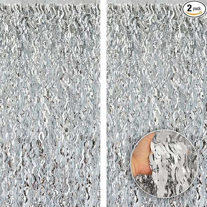KatchOn, XtraLarge Wavy Silver Backdrop Curtain - Pack of 2 | Silver Streamers Backdrop for Disco Party Decorations | Fringe Curtains for New Years Decorations 2026 | Birthday, Engagement Decoration