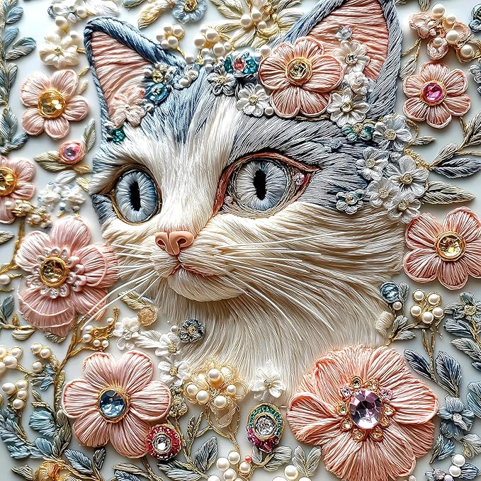 500 Piece Puzzles for Adults, Exquisite Embroidered Floral Cat with Gems Pearls Jigsaw Puzzle, Challenging Art Puzzle Home Wall Decor Gift for Cat Lovers Women 20x20 Inches