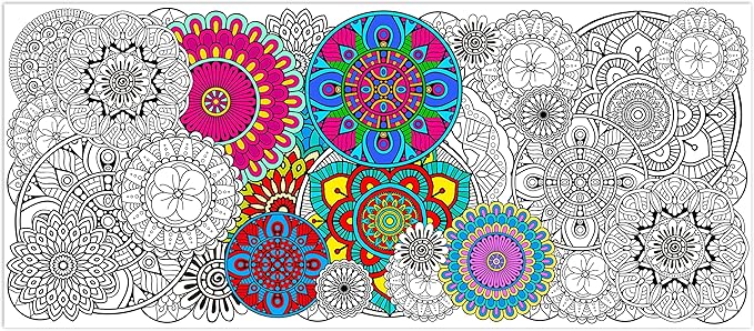 Dvbonike Jumbo Mandala Coloring Poster Giant Flower Color-in Paper Poster DIY Drawing Blank Doodle Art Banner Circular Floral 55.1x23.6 inch Wall Decor, Home School Activity Party Supplies for Kids