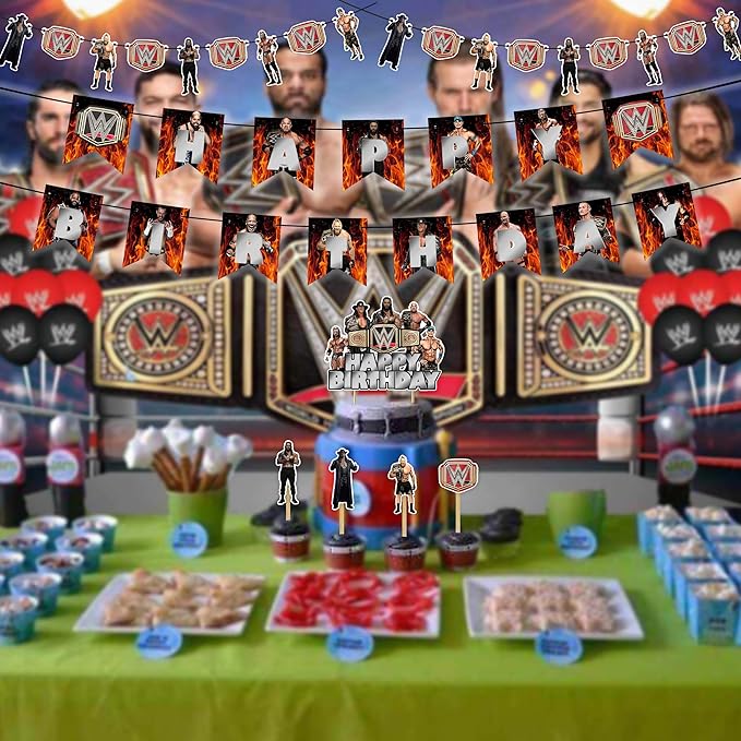 WWWE Theme Birthday Party Supplies – Wrestling Birthday Decorations for Boys Party Pack, Wrestler Cake Toppers, Banners & Garland - Birthdays Decoration Set.