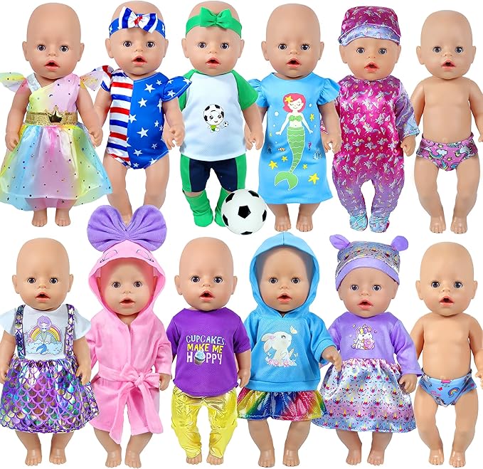 12 Sets 14-16-Inch-Baby-Doll-Clothes-Outfits Dress Headbands Accessories Compatible with 43cm New Born-Baby-Doll, 15-inch-Baby-Doll