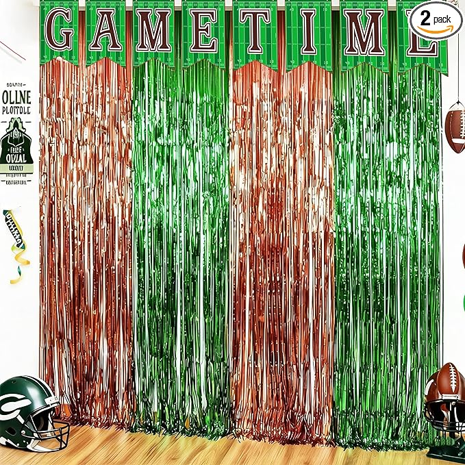 Football Party Decorations for Super Game Bowl 2026 - Green Brown Tinsel Streamers Backdrop Banner | Football Party Favors Supplies Indoor Outdoor - Game Day Birthday Party Accessories for Wall Door