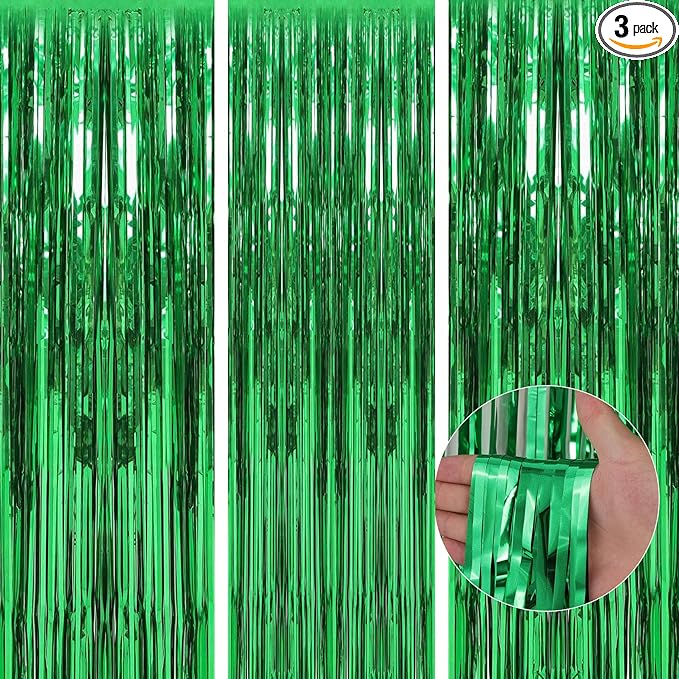 3 Pack 3.3 x 9.9 ft Green Foil Fringe Curtains Party Supplies | Tinsel Curtain Backdrop for Parties, Glitter Streamers Backdrop for Birthday/Photo Booth Backdrops