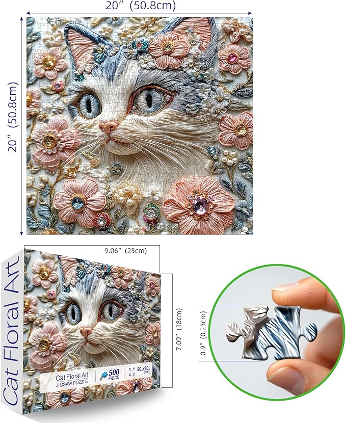 500 Piece Puzzles for Adults, Exquisite Embroidered Floral Cat with Gems Pearls Jigsaw Puzzle, Challenging Art Puzzle Home Wall Decor Gift for Cat Lovers Women 20x20 Inches