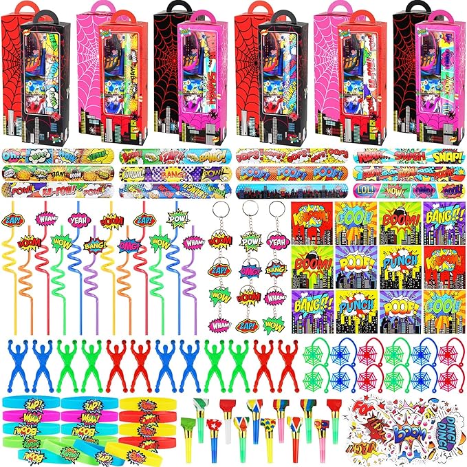208Pcs Spider Party Favors - 12 Guests Set Include Goodie Box Straw Mini Notebooks Slap Bracelets Keychain Blowers Stickers Sticky hands Toy, for Carnival Classroom Prizes Birthday Party Gift