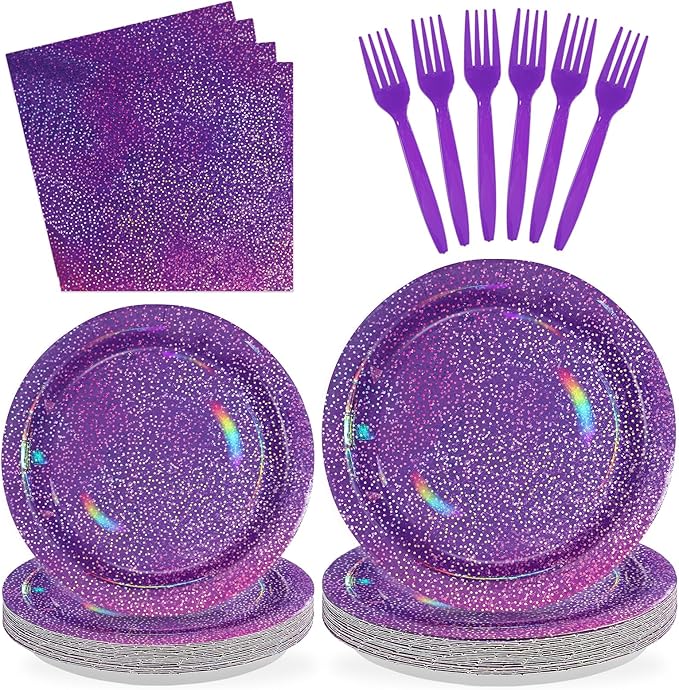 Grencian 96Pcs Purple Party Supplies Iridescent Rainbow Purple Plates and Napkins Sets Iridescent Purple Birthday Decorations for Girls Women Sprinkle Wedding Anniversary Party Favors Serves24