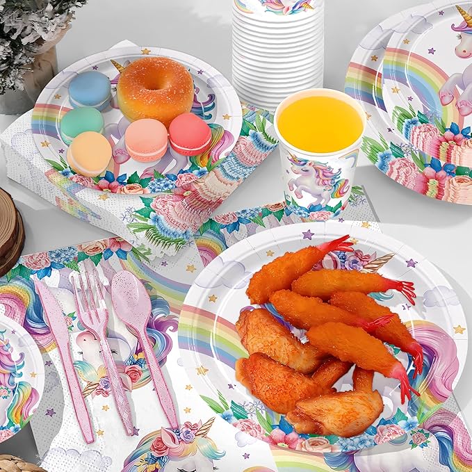 192pcs Unicorn Plates Napkins Unicorn Birthday Party Supplies Disposable Paper Cups Straw Tableware Set Pink Knives Forks Spoons Girls Birthday Party Decorations 24 Guests