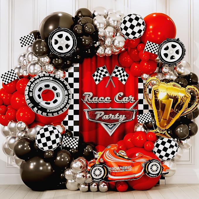 ALL-IN-1 Race Car Balloon Arch Kit with BONUS Trophy & Number 2 - Cars Balloon Garland Kit for Lightning McQueen Cars 2 Birthday Party Supplies & Hot Wheels Balloons RaceCars Decorations