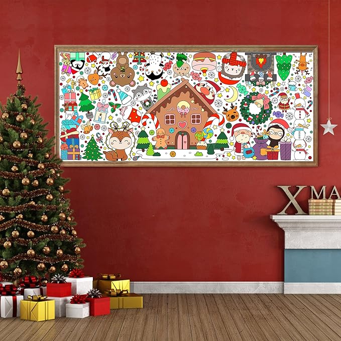 Dvbonike Jumbo Christmas Coloring Poster with Gingerbread House Santa Giant Xmas Color-in Paper Poster DIY Blank Doodle Art Banner 55.1 x 23.6 inch Decor, Home School Activity Party Supplies for Kids