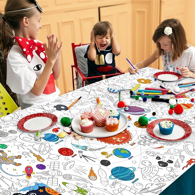 Outer Space Coloring Tablecloth for Kids, Giant 30x72 Inch Poster with Astronauts, Solar System, Perfect for Space Party Games, Galaxy Decorations, Classroom Fun, Celebration Supplies