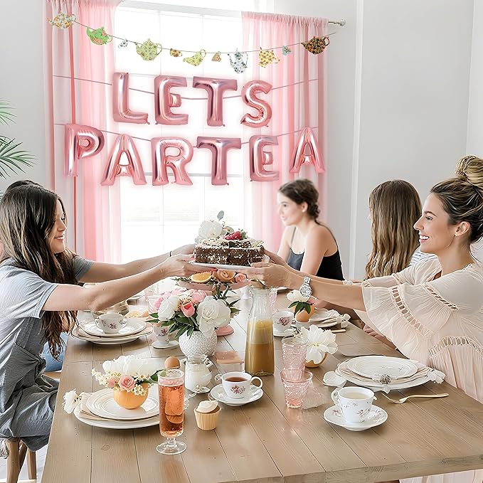Let's Par Tea Decorations Tea Party Balloons Banner LET'S Par-Tea Foil Balloon Floral Teapots Teacups Balloons Banner Teacup banners for Birthday Baby Shower Wedding Party Supplies