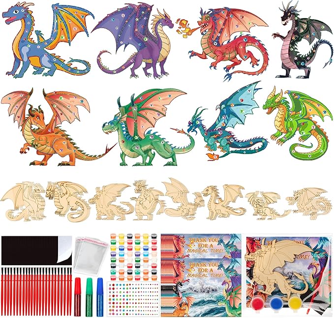Bafeil 24 Sets Dragon Party Favors, DIY Wooden Painting Crafts Kit, Dragon Birthday Party Supplies, Fantasy Creature Party Decorations Goodie Bags Gifts Stuffers Prizes