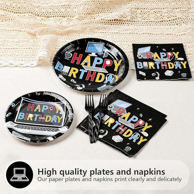 96Pcs Computer Birthday Party Decorations Computer Themed Plates and Napkins Intelligence PC Tableware Set for Boy Girl Birthday Software Engineering IT Party Supplies，Serves 24