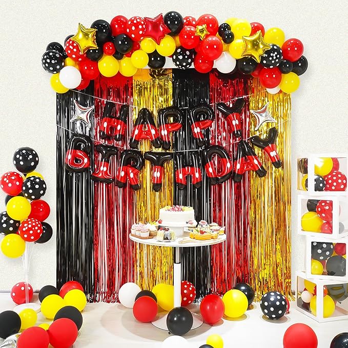YIIHMEI Cartoon Mouse Birthday Party Decorations Supplies with Black Red Style Letters Banner Balloons Kit for Boy's -105Pcs