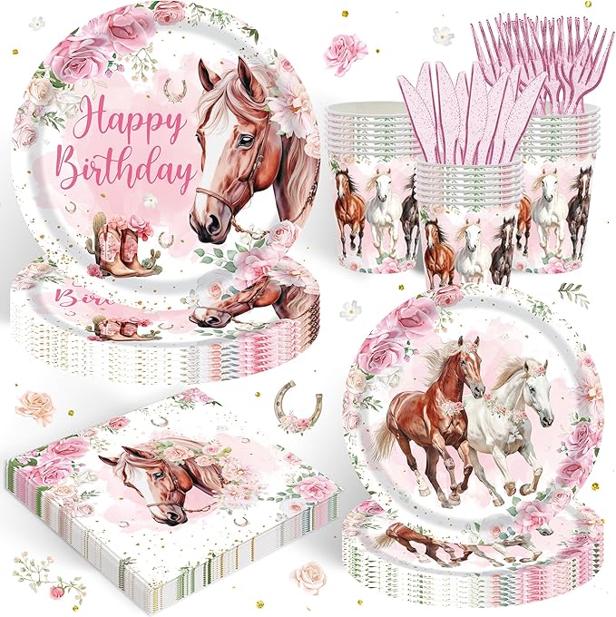 120PCS Cowgirl Horse Birthday Party Supplies Pink Western Horse Party Decorations for Girls Plates Napkins Party Supplies Serves 20 Guests