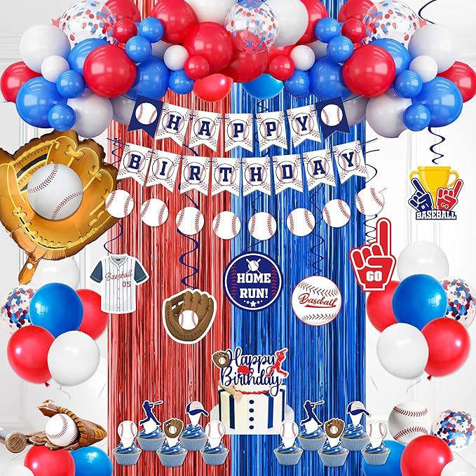 Baseball Party Decorations, Baseball Birthday Party Supplies Kit, Include Sport Themed Birthday banner, Foil Fringe,Hanging Swirls, Baseball Balloons, Cake&Cupcake Toppers