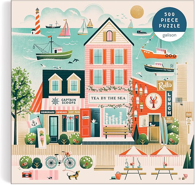 Galison Beside The Sea – 500 Piece Puzzle Fun and Challenging Activity with Bright and Bold Artwork of Charming Village and Sea Scenery for Adults and Families