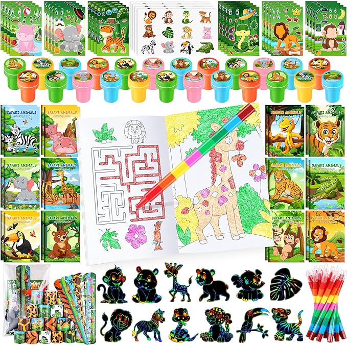 BenLouis 96Pcs Jungle Safari Party Favors Zoo Animals Coloring Books Crayons Sticker Stampers Slap Bracelets Set Bulk Classroom Prizes for Kids Wild One Party Baby Shower Goodie Bags Fillers