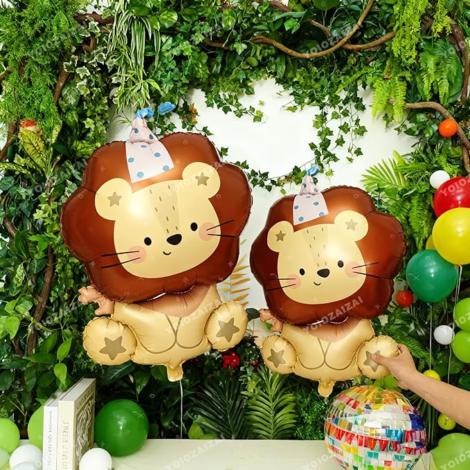 2PCS Giant Lion Shaped Animal Foil Balloon Jungle Safari Animal Mylar Balloon For Boy Kids Wild One Lion Zoo Theme Birthday Party Baby Shower Decorations