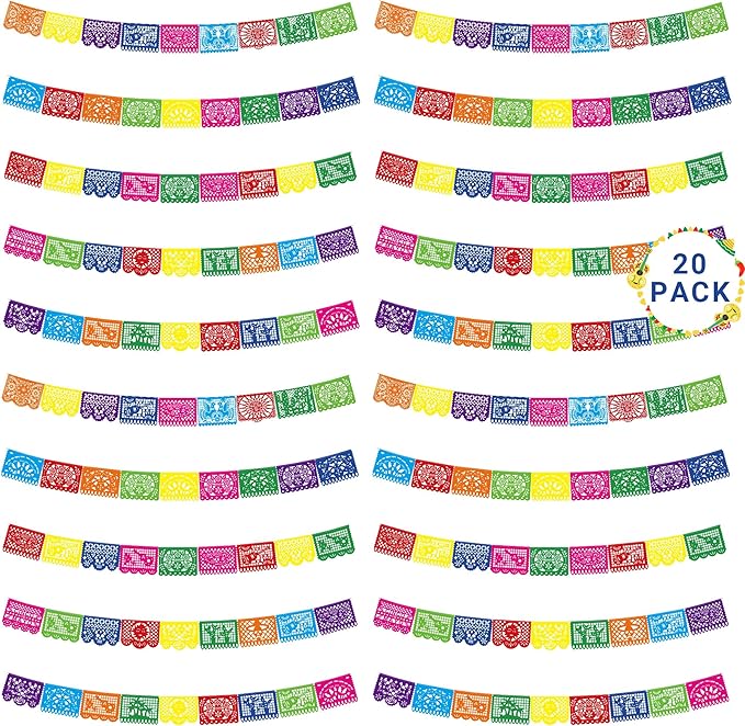 20 Pack Cinco De Mayo Banner, 360 FT Fiesta Banner Mexican Party Decorations Plastic Papel Picado Double Side Indoor Outdoor Home Yard String Flags Dia De Los Muertos Day of the Dead Hanging Decor