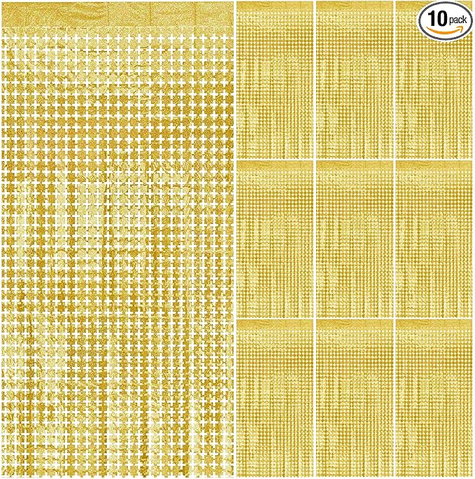 Gold Fringe Curtain Tinsel Backdrop,10pcs Square Foil Fringe Curtain Golden Wall Decor Party Streamers for Prom New Years Eve Christmas Anniversary Graduation Birthdays Masquerade Party Decorations