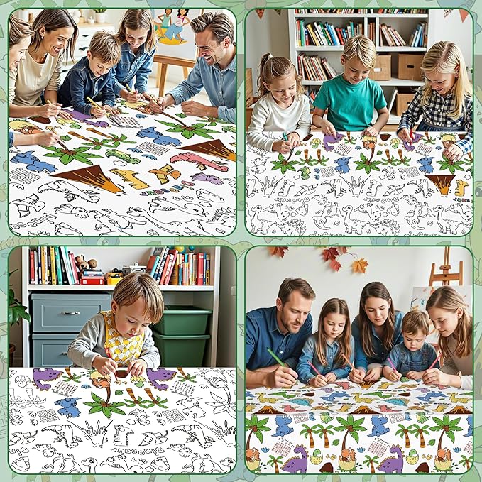 Dinosaur Coloring Tablecloth for Kids - Giant Dino Paper Activity Table Cover, Jumbo Animal Dino World Coloring Games Poster Crafts for Dinosaur Birthday Decorations Party Favors, 54x108 Inch
