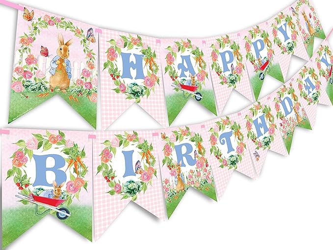 Peter Bunny Birthday Banner – Storybook Bunny Birthday Party Decorations, Garden Rabbit Birthday Theme for Kids Boys, Vintage Woodland Birthday Party Decor Peter Happy Birthday Banner Pennant - Rabbit Birthday Decorations - Peter Party Supplies - Pink