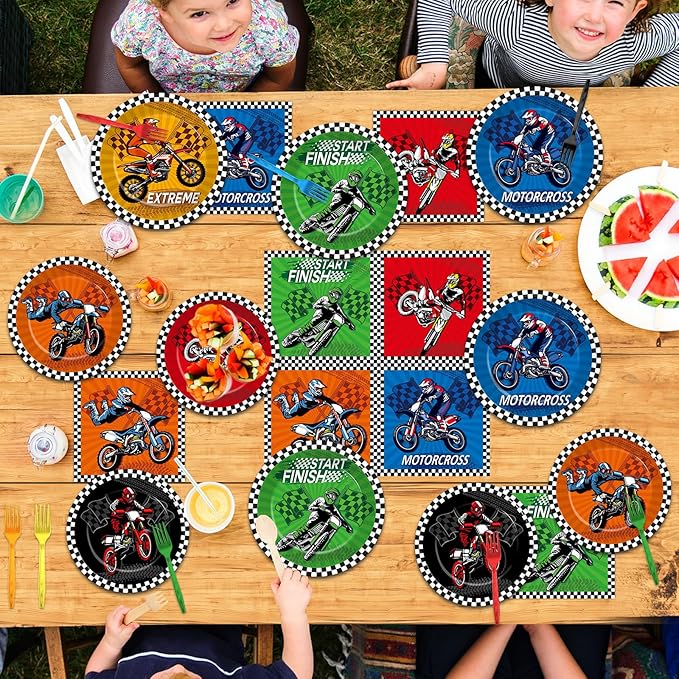 96Pcs Dirt Bike Party Decorations Motocross Birthday Dessert Plates Tableware Motorcycle Theme Dinner Paper Plates Napkins Racing Theme Dinnerware for Boys Baby Shower Supplies Favors