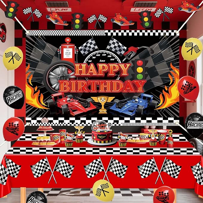 Happy Birthday Decorations For Women Men,Birthday Backdrop,Banner Balloons,Table Cloth,Paper pom poms Party Supplies for Girls Boys (Race car)