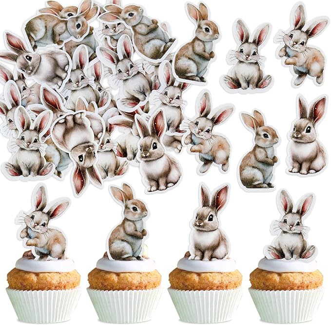 Ercadio 40 Pack Edible Cute Rabbit Cupcake Toppers Funny Bunny Cupcake Picks Realistic Rabbit Cupcake Toppers for Easter Day Theme Baby Shower Birthday Party Decor Supplies