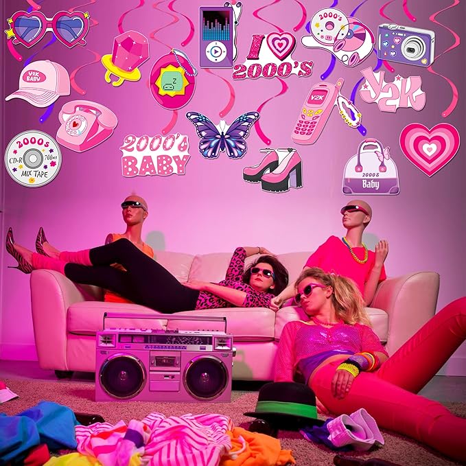 20pcs Y2K Party Hanging Swirls 2000s Pink Birthday Party Decorations for Girls I Love 00‘s Theme Ceiling Swirl Streamers for Hot Girl Bday Retro 2000s Female Bachelorette Party Supplies