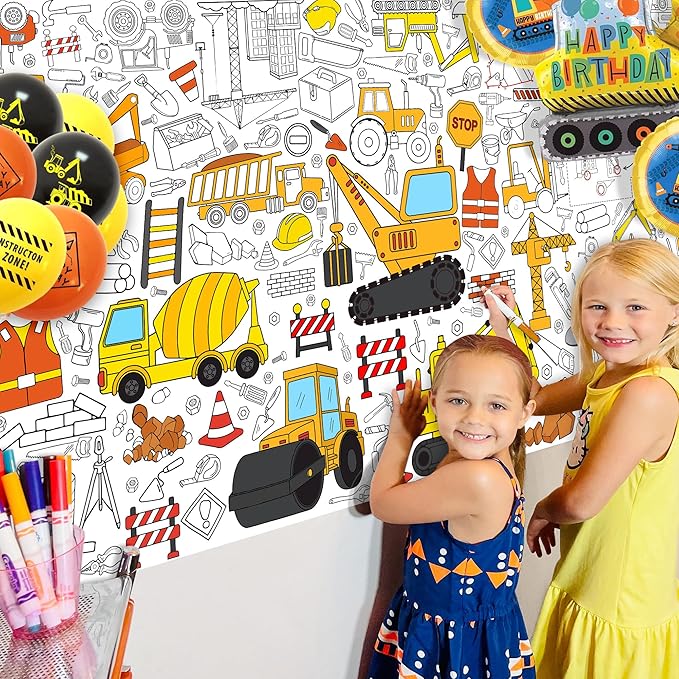 Construction Coloring Tablecloth for Kids, Huge 30x72 Inch Poster with Trucks, Cranes, Bulldozers, Tools, Idea for Party Games, Construction Decorations, Classroom Activities