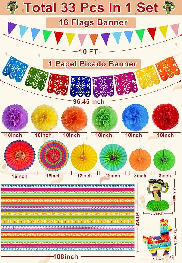 [ 7 Varieties ] 33Pcs Cinco De Mayo Fiesta Party Decorations, Mexican Themed Party Supplies, Paper Fans Pom Poms Table Cover Llama Balloons Pennant Papel Picado Banner Honeycomb Table Decor