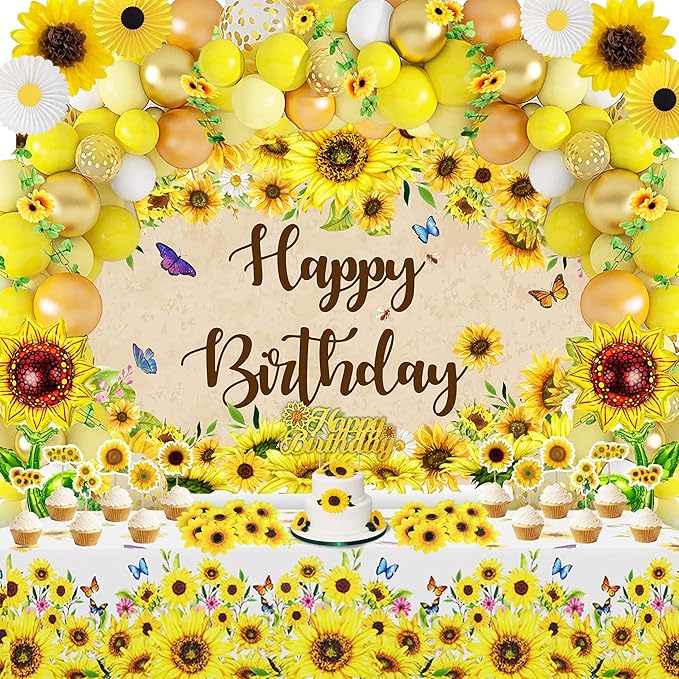 Sunflower Birthday Party Decoration Pack 111 Pcs Baby Shower Party Supplies Wedding Decor include Backdrop Tablecloth Artificial Sunflower Garland Cake Topper Balloon Garland Arch Tissue Paper Flower