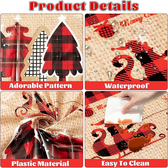 Christmas Plastic Table Cover - 3 Pack Merry Christmas Buffalo Plaid Disposable Waterproof Plastic Rectangle Xmas Table Cloth Winter Holiday Party Picnic Decoration Supplies Indoor Outdoor