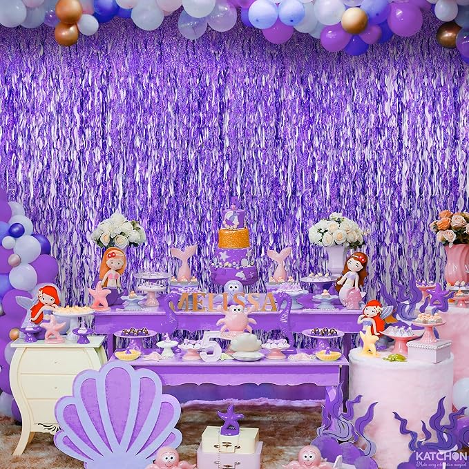 Katchon, Wavy Purple Foil Fringe Curtain - Pack of 2 | Wavy Streamers, Unicorn Party Decorations | Purple Fringe Backdrop for Baby Shower, Birthday, Mermaid Party Decoration | Ramadan Decorations
