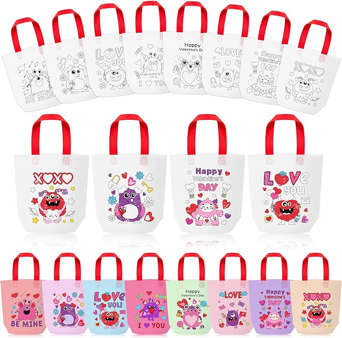 Valentine's Day Coloring Goodie Bag for Kids - 24Pcs Cute Monster Bulk Color Your Own Gift Bag with Handle Happy Valentine's Day Reusable Coloring Non Woven Tote Bag for DIY Painting Craft Party Favor