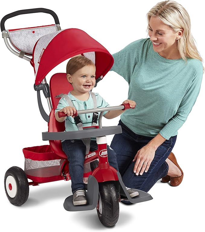 Radio Flyer Ultimate All-Terrain Stroll ’N Trike, Ages 1-5, Convertible 4-in-1 Tricycle, All-Terrain Tires, Parent Push Handle, UV Canopy, Accessories, Safety Harness, Stroller Tricycle for Toddlers